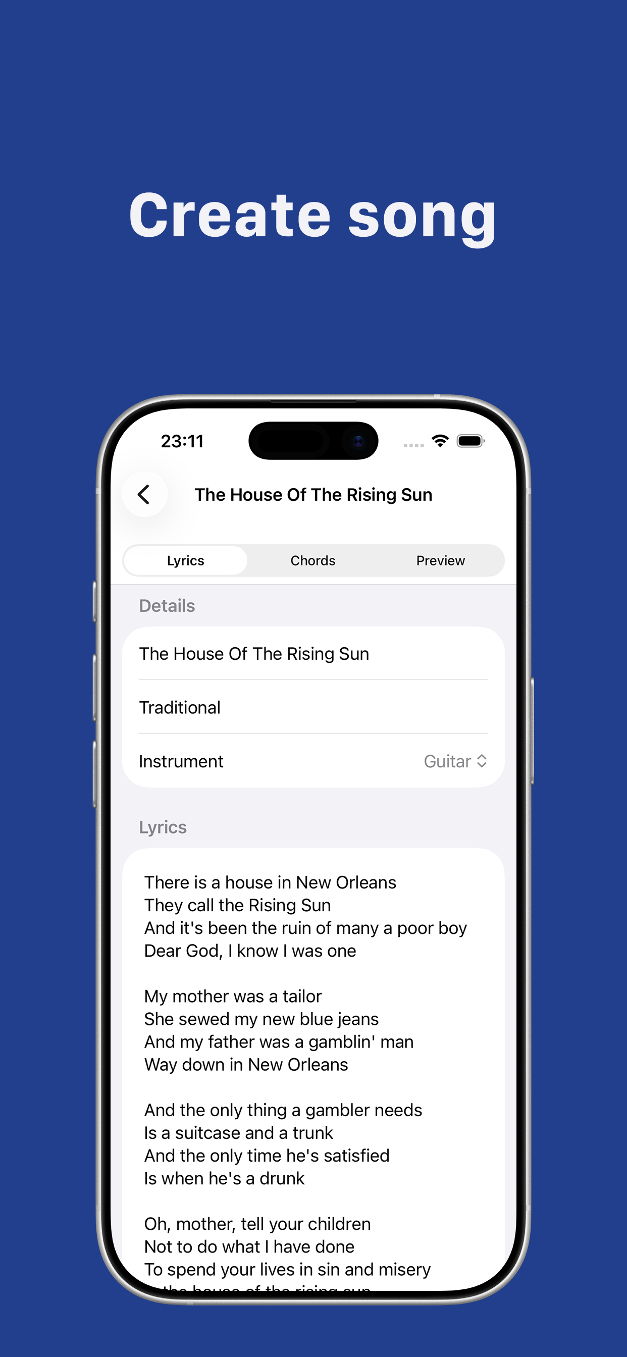 Create a song with lyrics and details