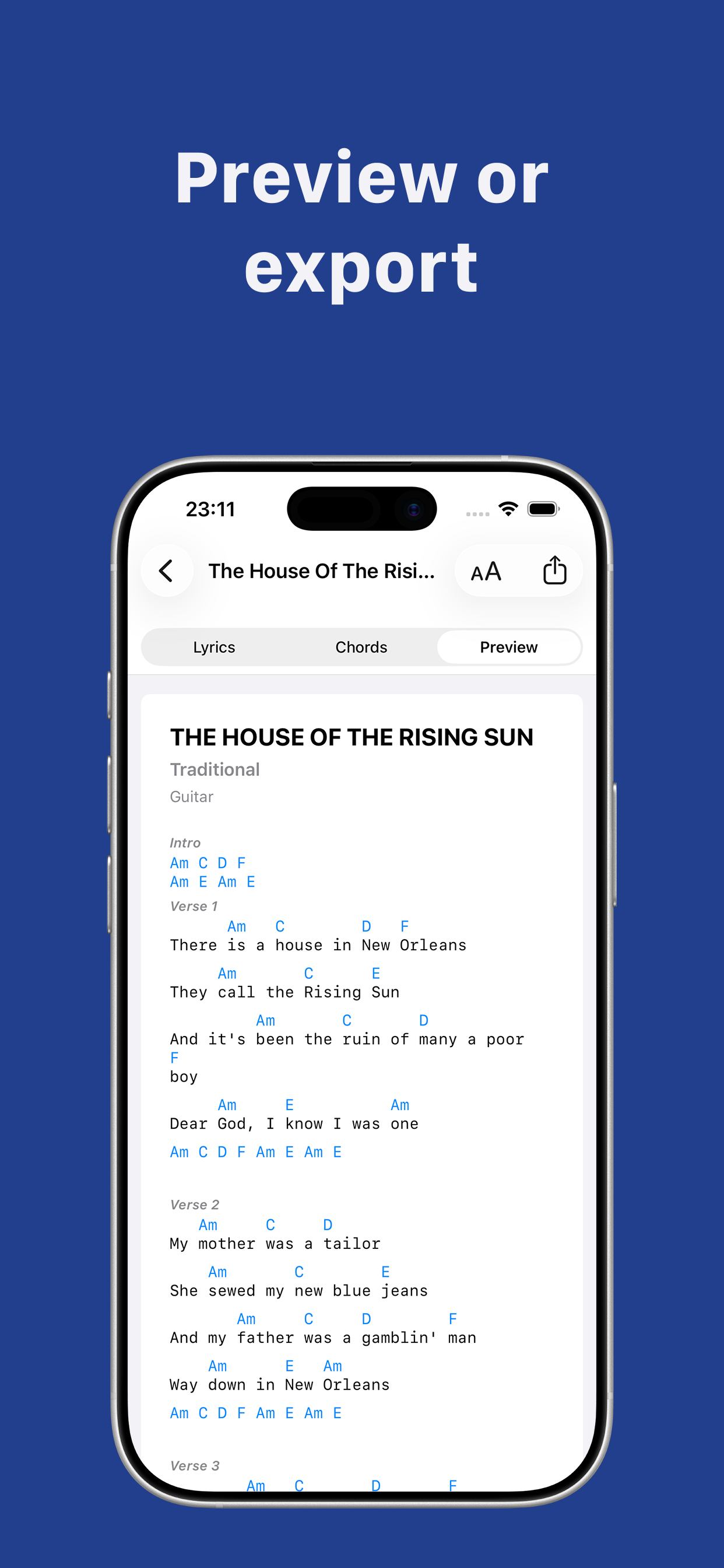 Preview and export chord sheets
